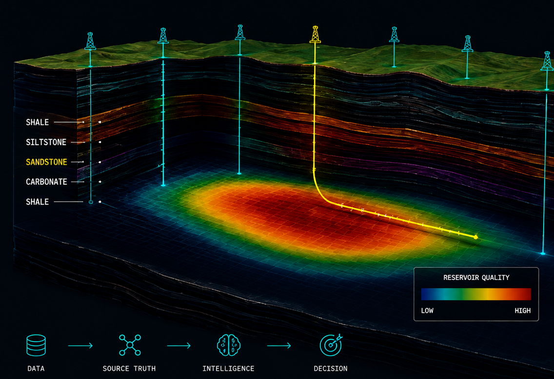 Subsurface geological visualization showing wells, reservoir quality and the path from data through source truth and intelligence to decision