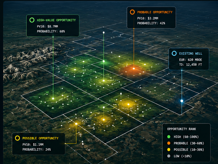Oil and gas acquisition screening map showing acreage boundaries, existing wells and ranked acquisition opportunity zones