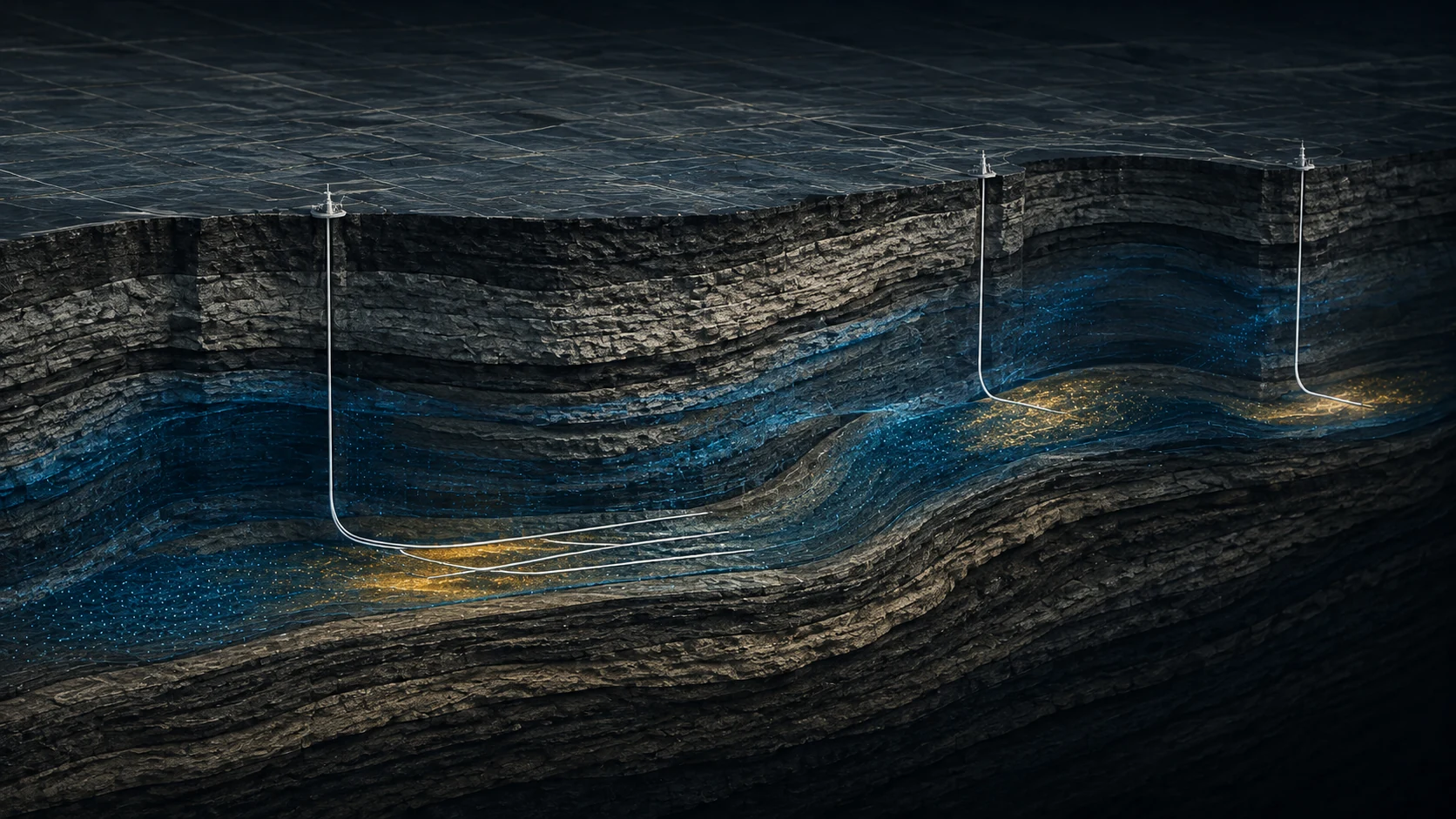 Geological subsurface cutaway showing vertical and horizontal oil and gas wells, layered formations and highlighted target intervals for pre-drill analysis